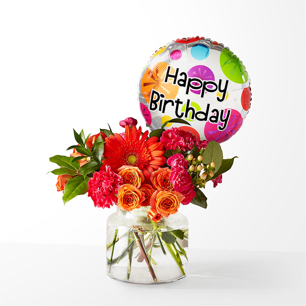 Fiesta Bouquet with Birthday Balloon – Corona Rose Flowers, Corona CA