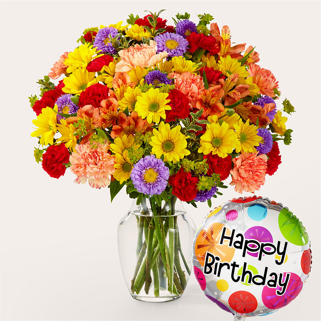 Kaleidoscope Bouquet with Birthday Balloon – Corona Rose Flowers, Corona CA