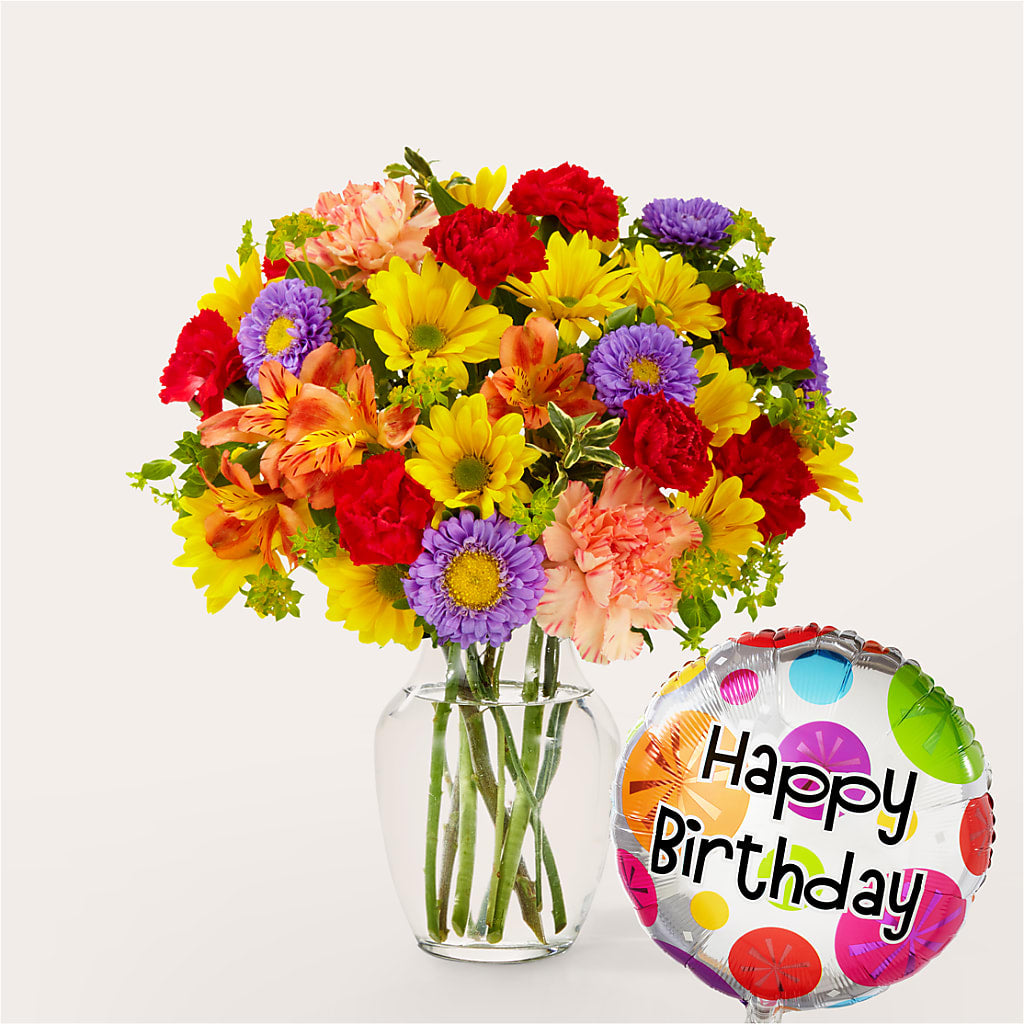 Kaleidoscope Bouquet with Birthday Balloon – Corona Rose Flowers, Corona CA