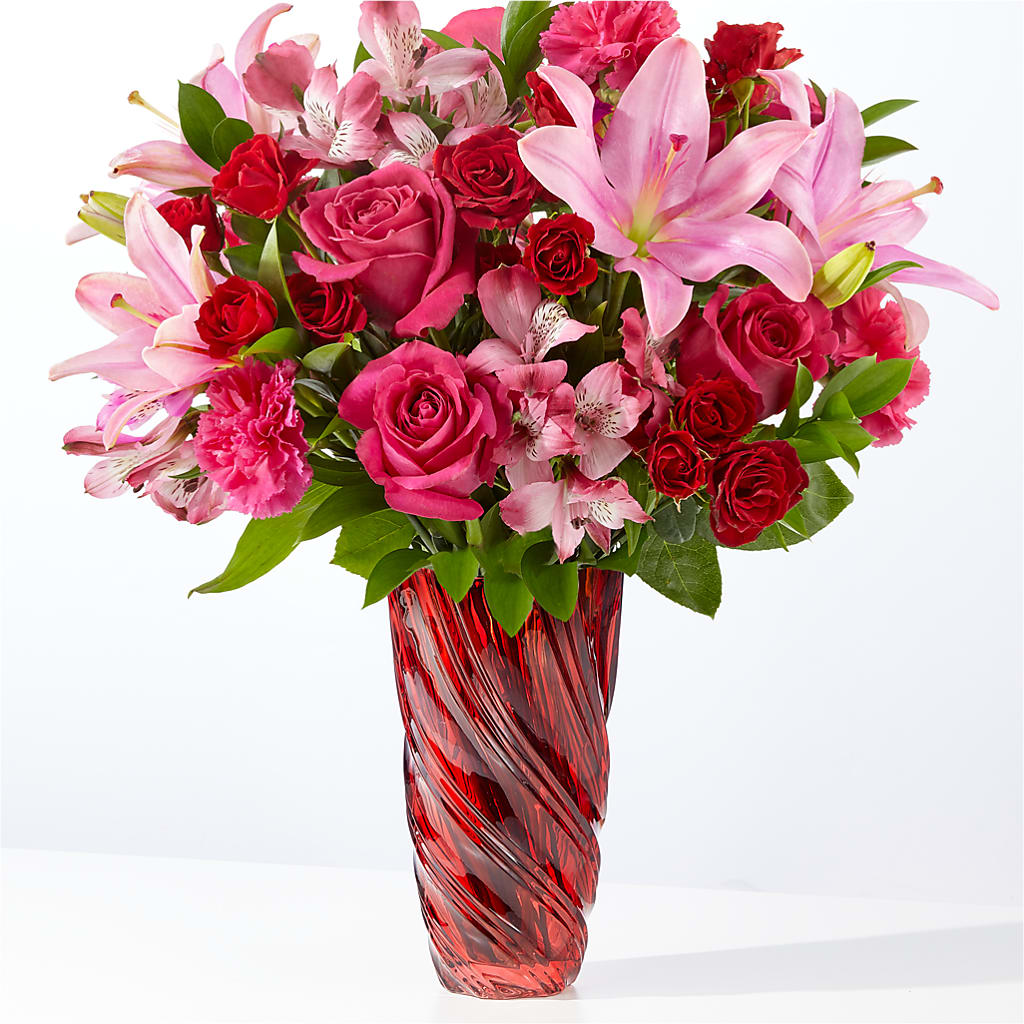 In Love Bouquet with Luxe Swirl Vase – Corona Rose Flowers, Corona CA