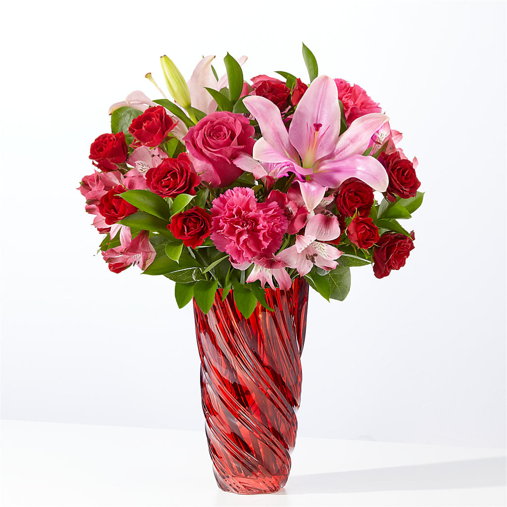 In Love Bouquet with Luxe Swirl Vase – Corona Rose Flowers, Corona CA