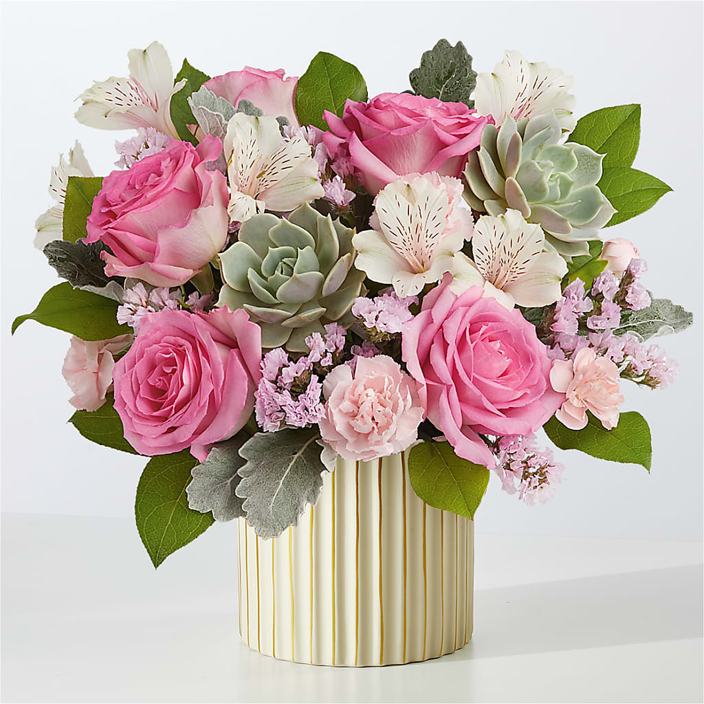 Dusty Rose Bouquet with Ivory Vase – Corona Rose Flowers, Corona CA