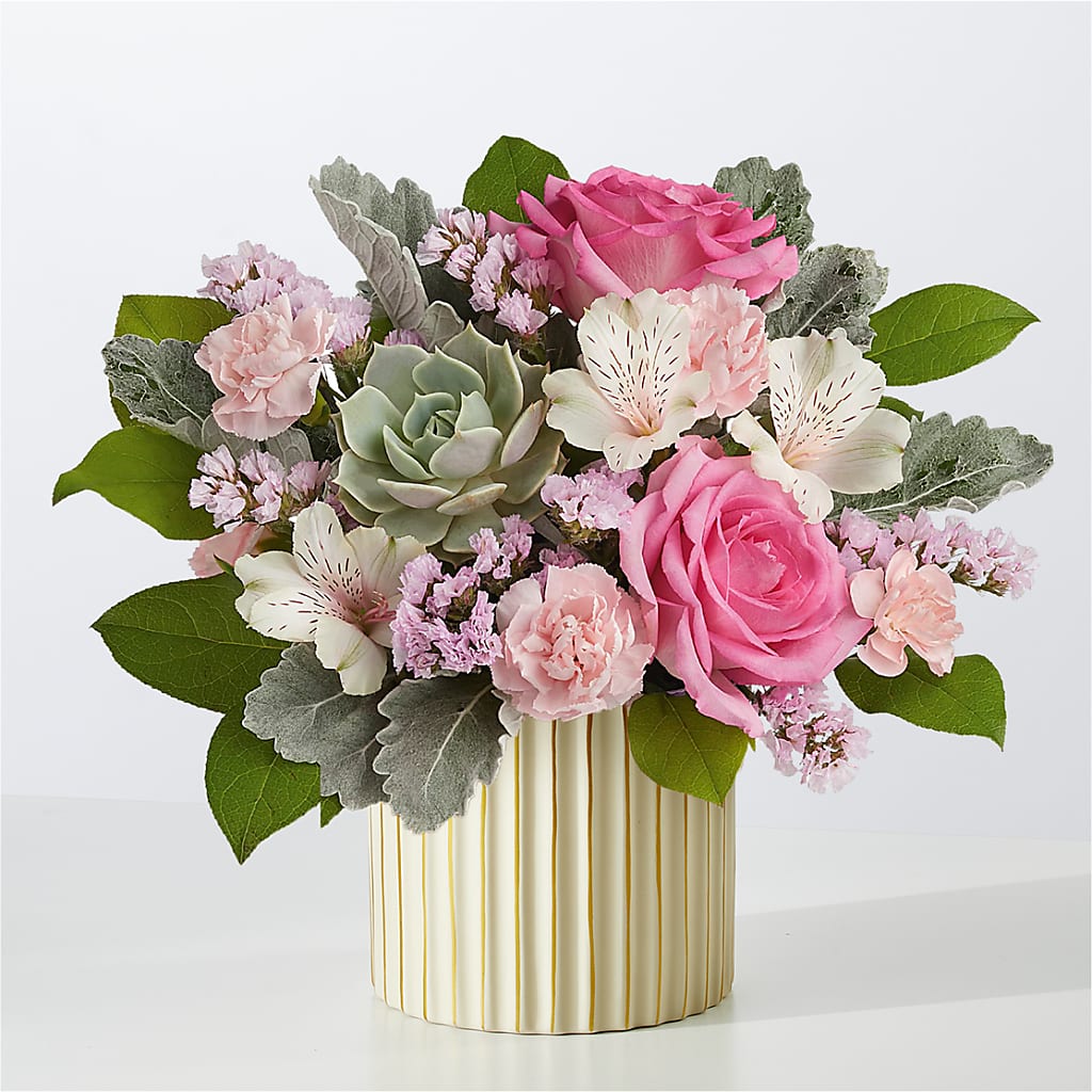 Dusty Rose Bouquet with Ivory Vase – Corona Rose Flowers, Corona CA