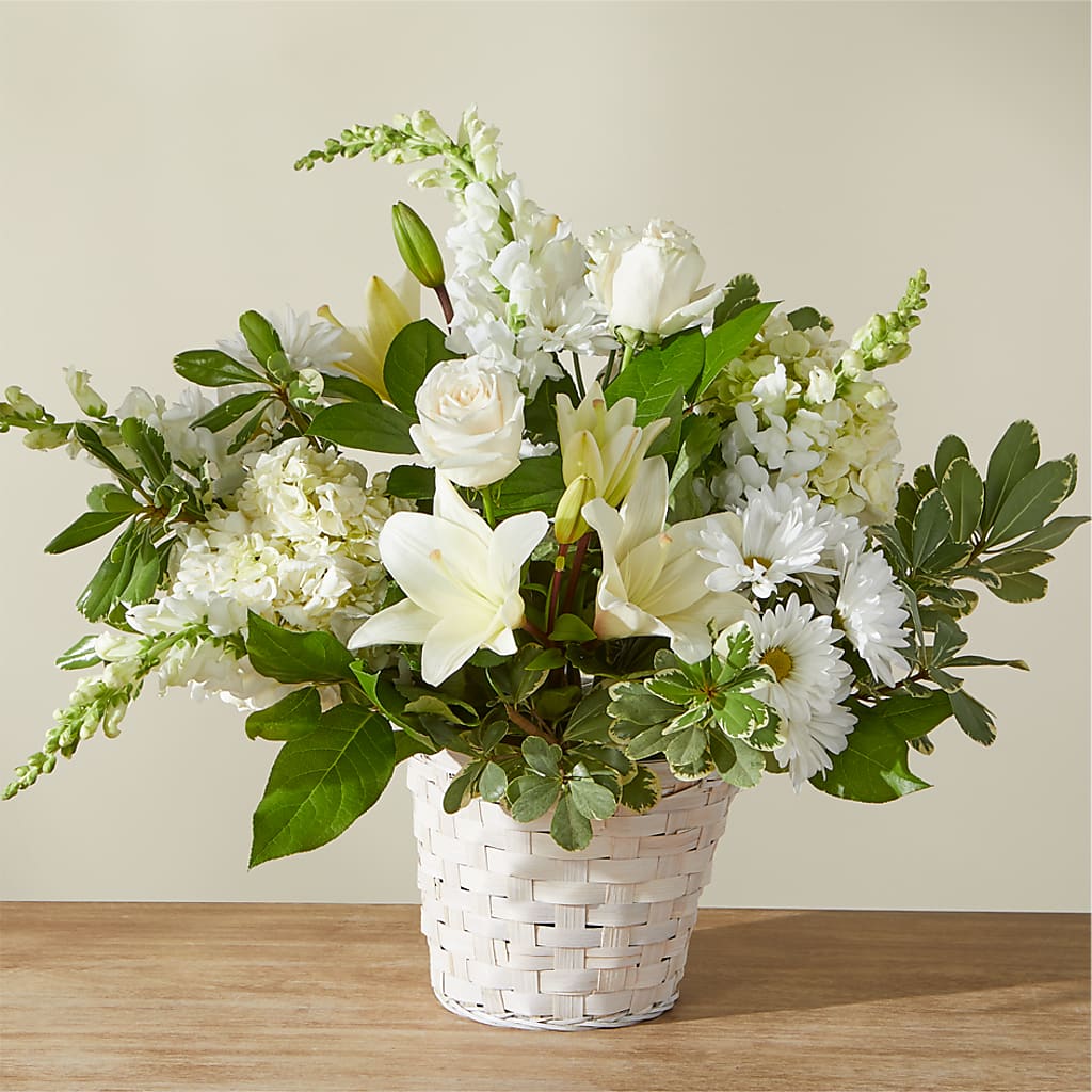 Ivory Elegance Floral Basket – Corona Rose Flowers, Corona CA
