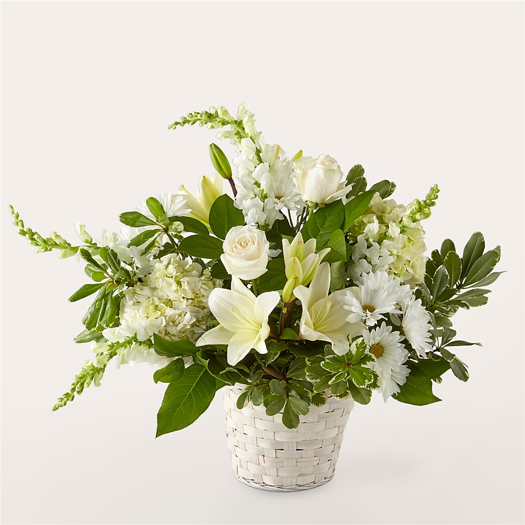 Ivory Elegance Floral Basket – Corona Rose Flowers, Corona CA