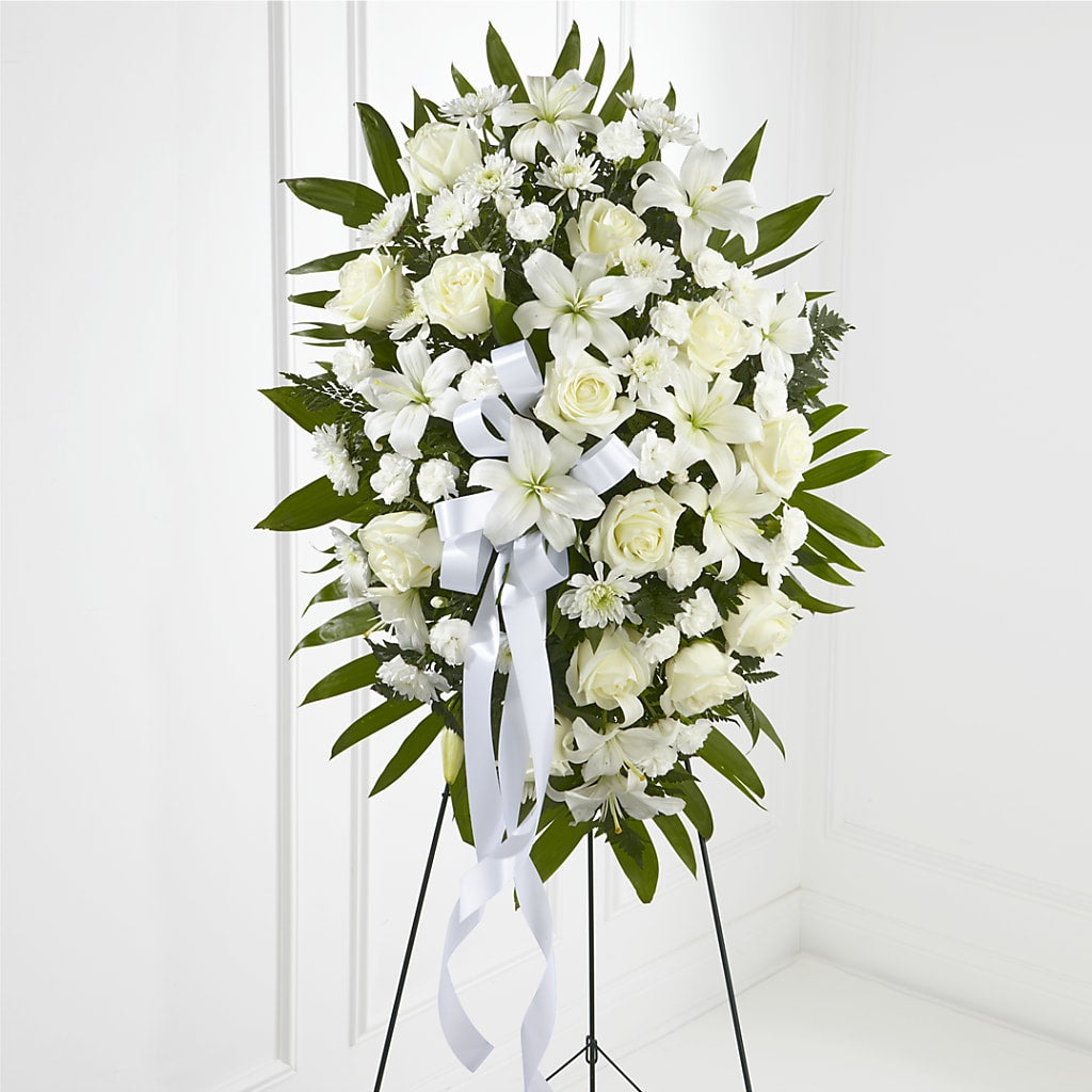 Exquisite Tribute Standing Spray-White Ribbon – Corona Rose Flowers, Corona CA