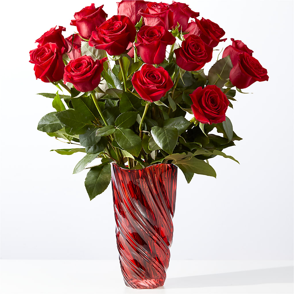 Classic Love Red Rose Bouquet with Luxe Swirl Vase – Corona Rose Flowers, Corona CA