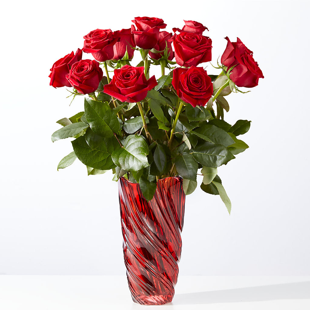 Classic Love Red Rose Bouquet with Luxe Swirl Vase – Corona Rose Flowers, Corona CA
