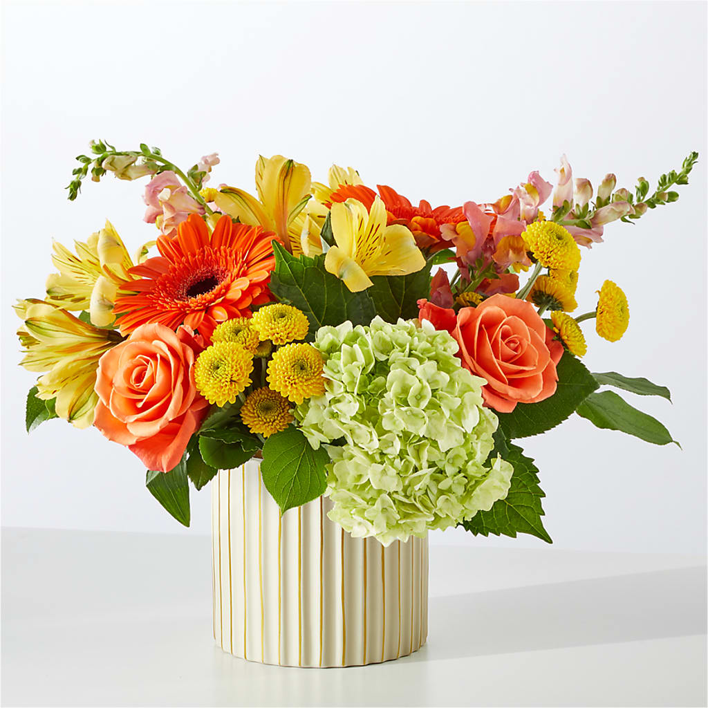 Autumn Sunshine Bouquet with Ivory Vase –  Corona Rose Flowers, Corona CA