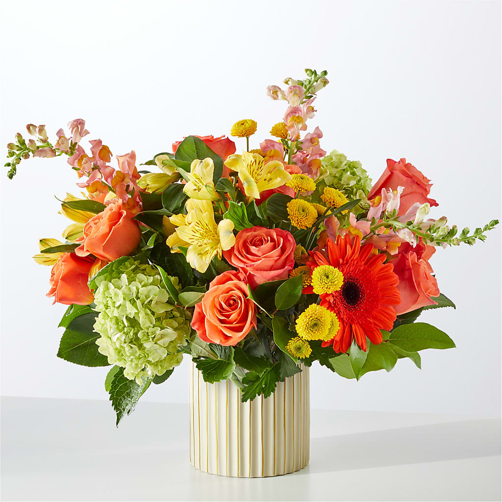 Autumn Sunshine Bouquet with Ivory Vase –  Corona Rose Flowers, Corona CA