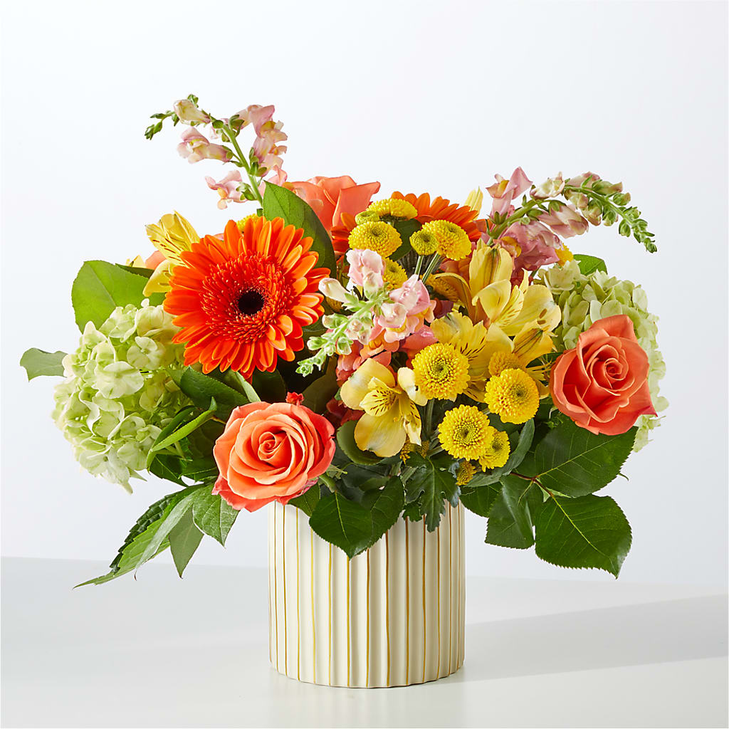 Autumn Sunshine Bouquet with Ivory Vase –  Corona Rose Flowers, Corona CA