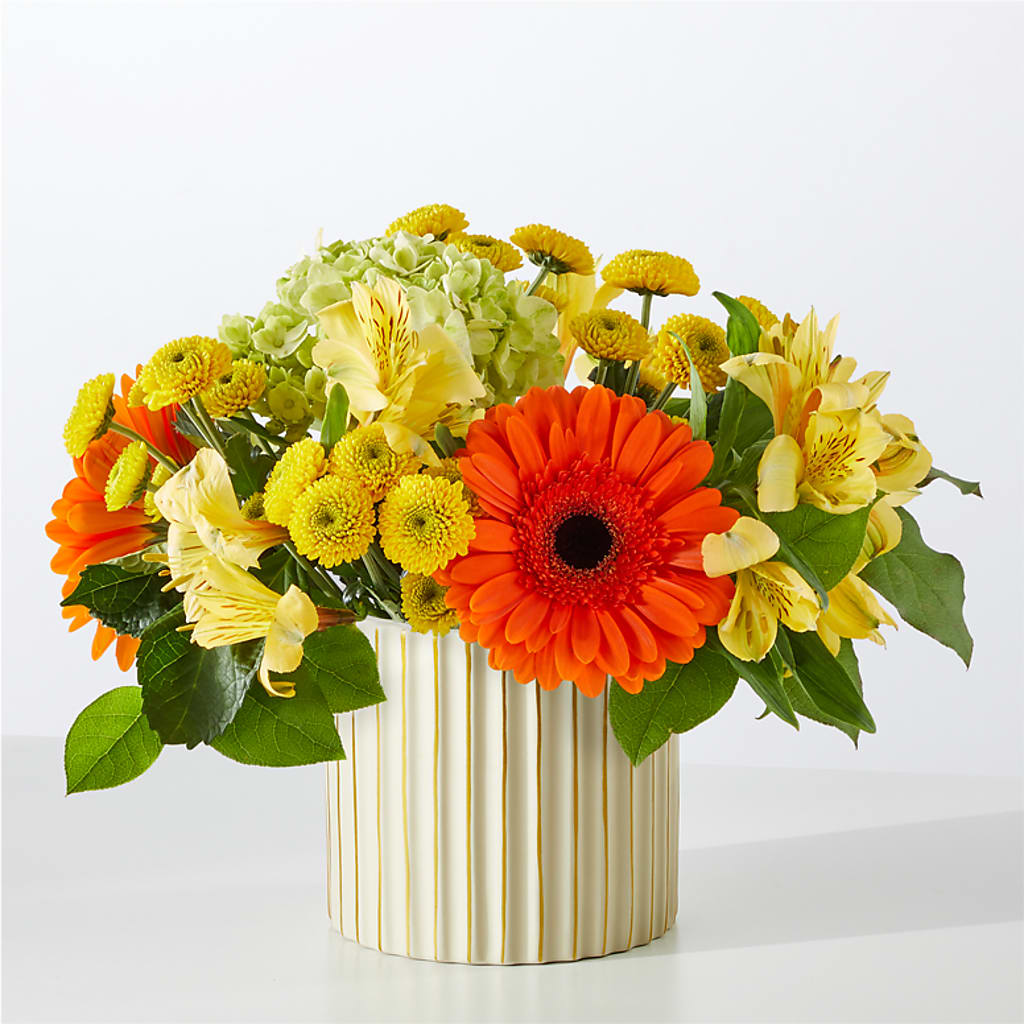Autumn Sunshine Bouquet with Ivory Vase –  Corona Rose Flowers, Corona CA
